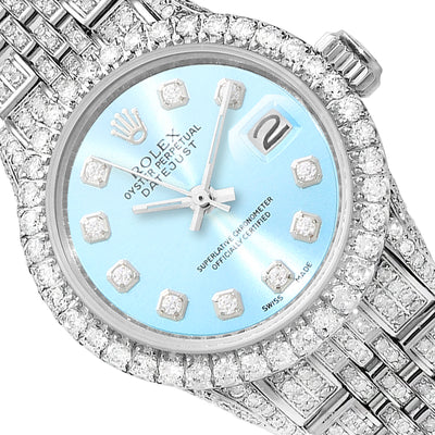 Rolex Datejust 26mm Pave Jubilee Band Diamond Bezel Light Blue Dial Watch
