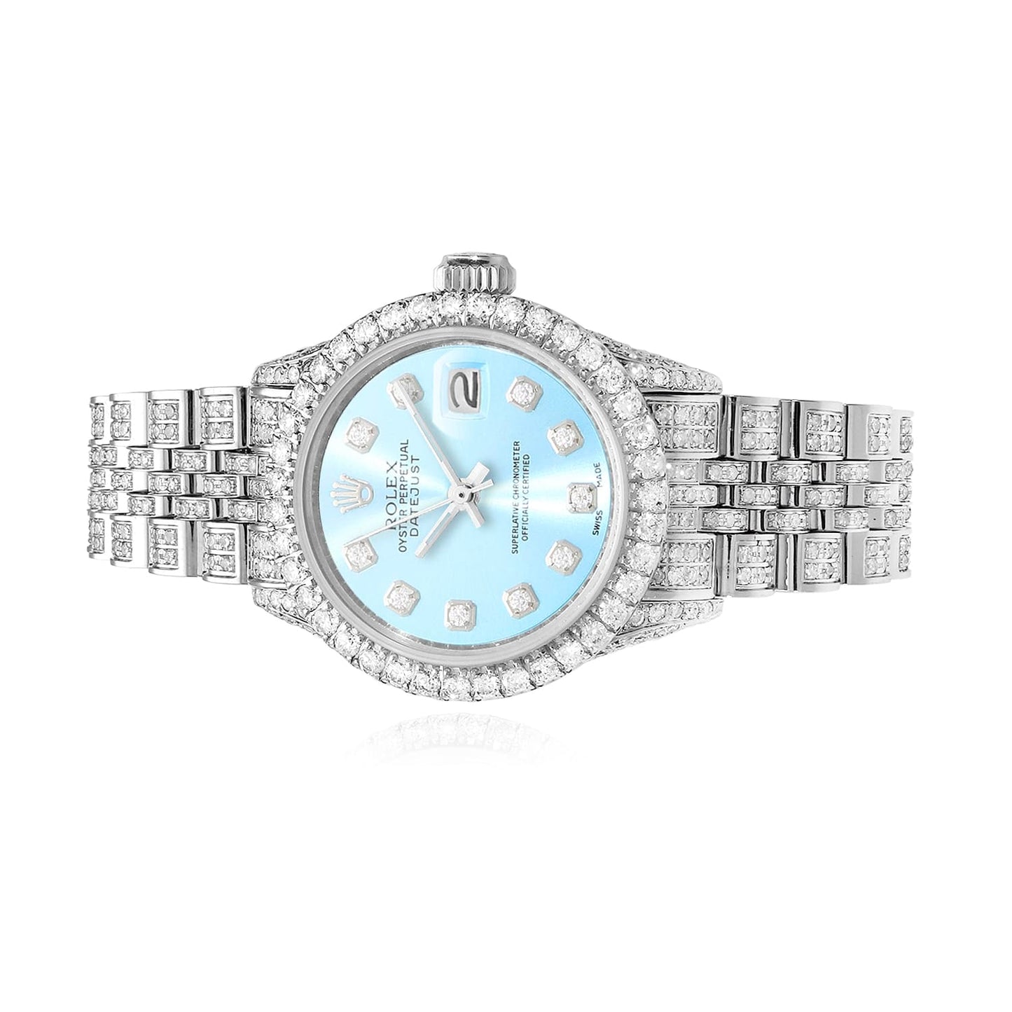 Rolex Datejust Pave Jubilee Band Diamond Bezel Light Blue Dial 26mm Watch