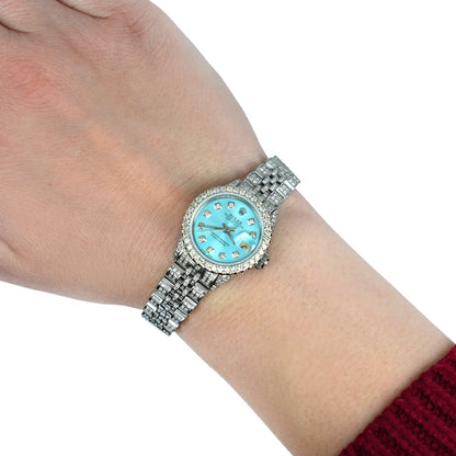 Rolex Datejust 26mm Pave Jubilee Band Diamond Bezel Light Blue Dial Watch
