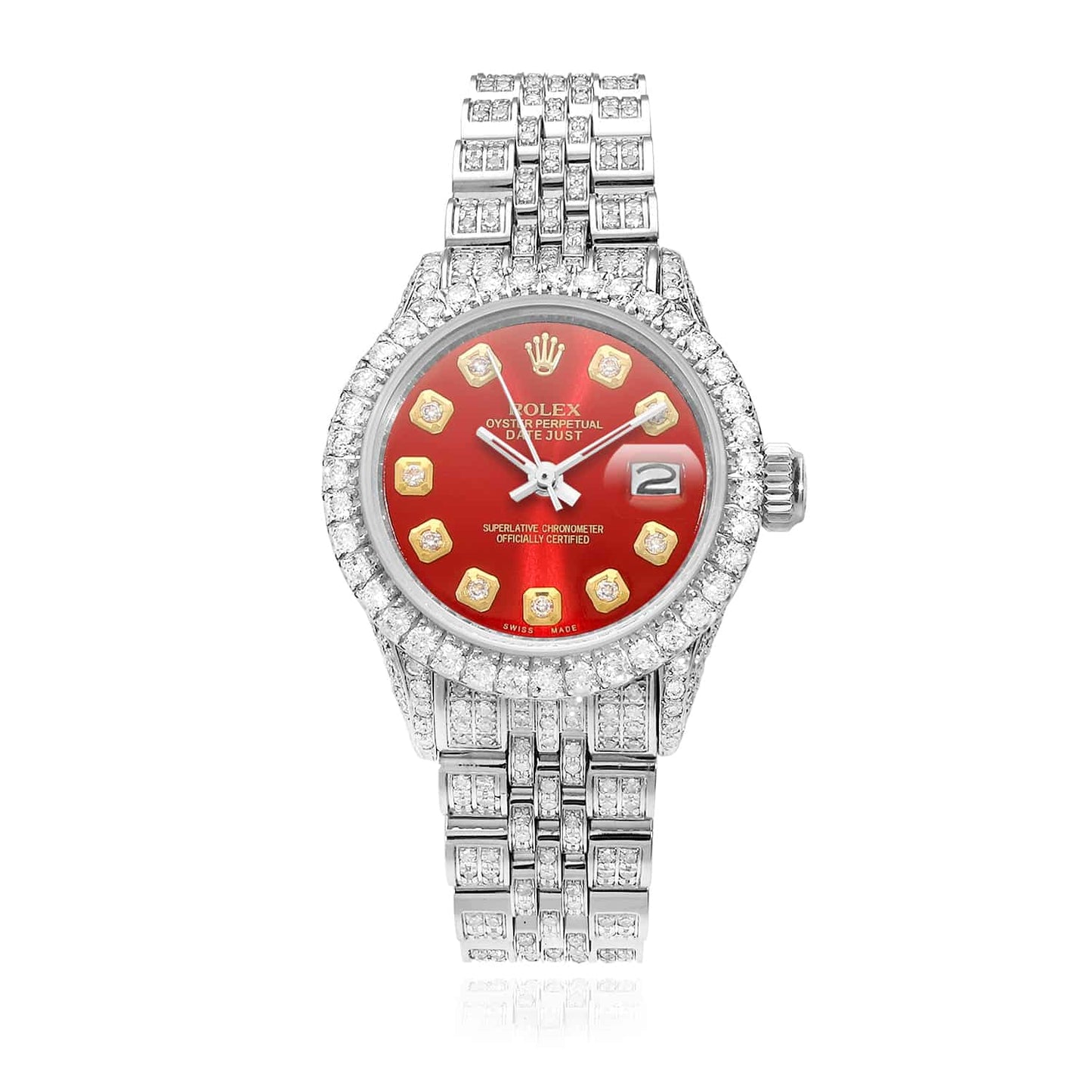 Rolex Datejust Pave Jubilee Band Diamond Bezel Red Ruby Dial 26mm Watch