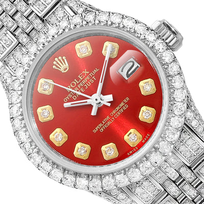 Rolex Datejust 26mm Pave Jubilee Band Diamond Bezel Red Ruby Dial Watch