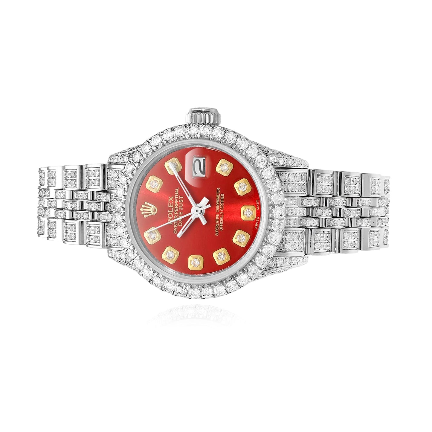 Rolex Datejust Pave Jubilee Band Diamond Bezel Red Ruby Dial 26mm Watch