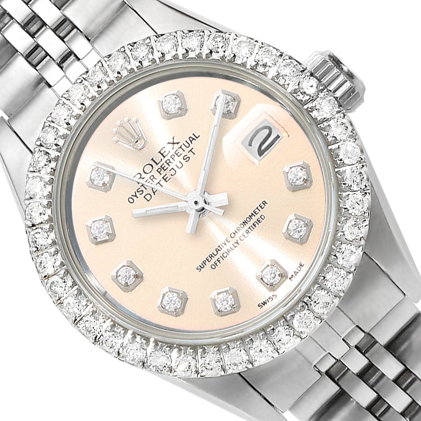 26mm Rolex Datejust Custom Jubilee Band Diamond 18K Gold Bezel Cream Dial Watch