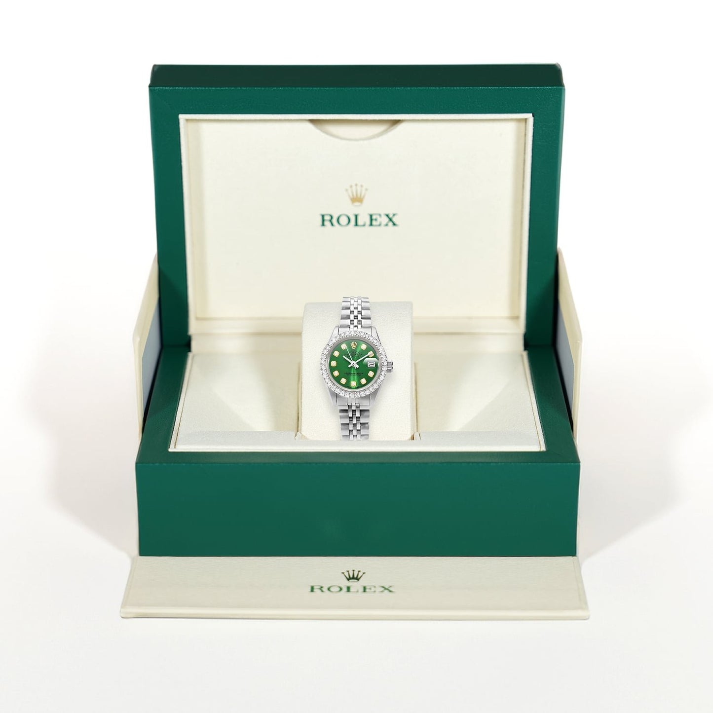 Rolex Datejust Custom Jubilee Band Diamond Bezel Green Emerald Dial 26mm Watch