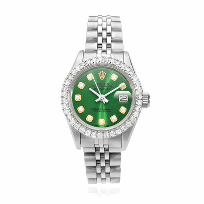 Rolex Datejust Custom Jubilee Band Diamond Bezel Green Emerald Dial 26mm Watch