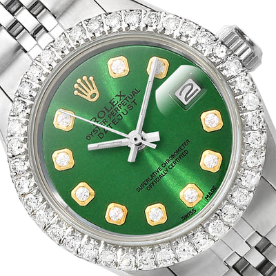 Rolex Datejust 26mm Custom Jubilee Band Diamond Bezel Green Emerald Dial Watch