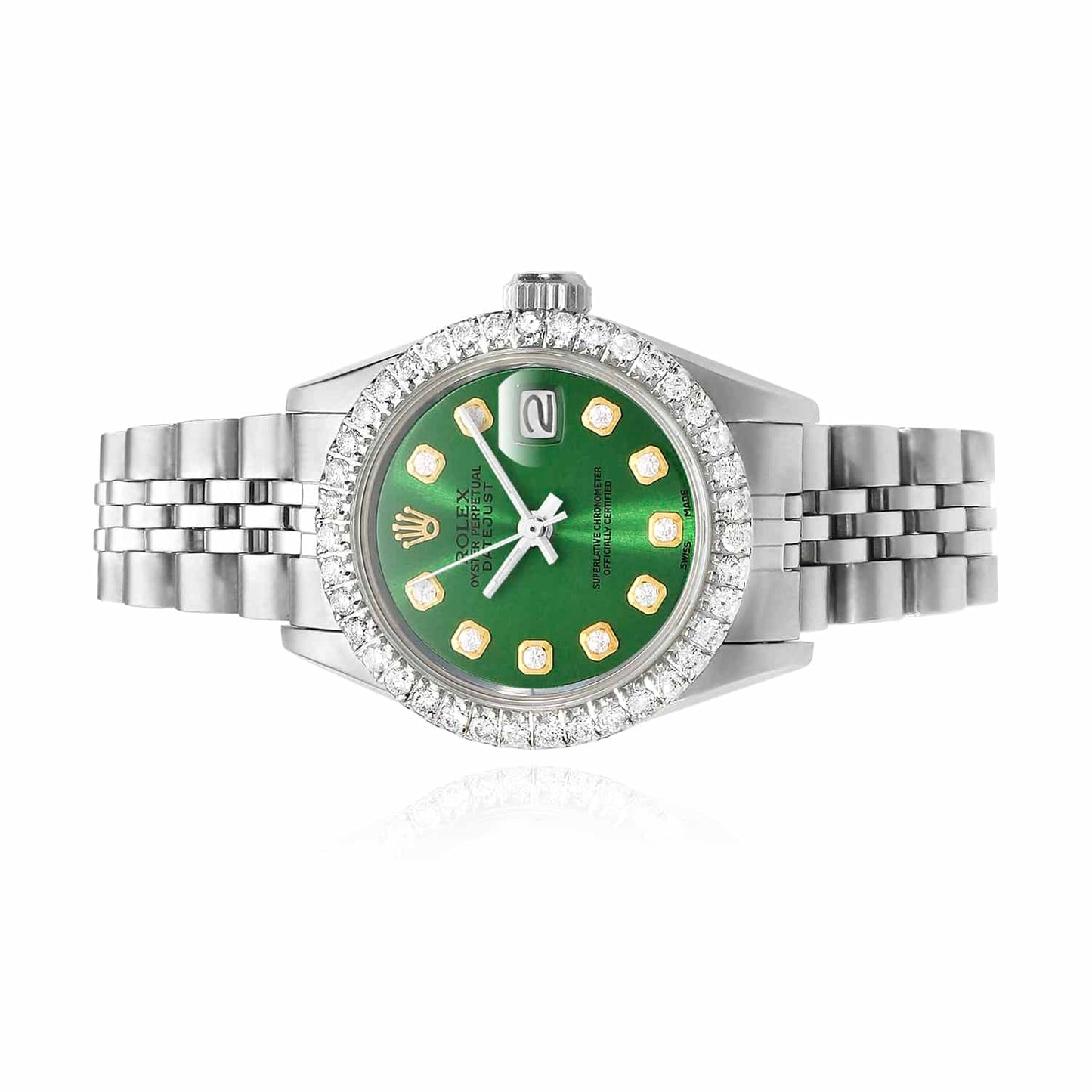 Rolex Datejust Custom Jubilee Band Diamond Bezel Green Emerald Dial 26mm Watch