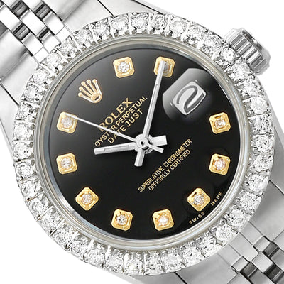 Rolex Datejust 26mm Custom Jubilee Band Diamond Bezel Black Onyx Dial Watch