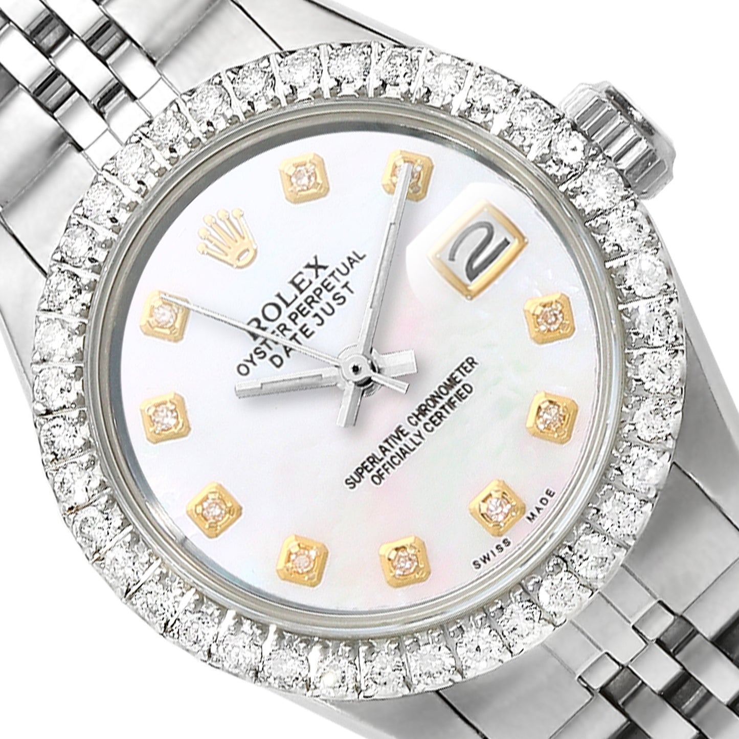 Rolex Datejust 26mm Custom Jubilee Band Diamond Bezel White Pearl Dial Watch