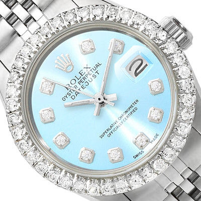 26mm Rolex Datejust Custom Jubilee Band Diamond Bezel Light Blue Dial Watch