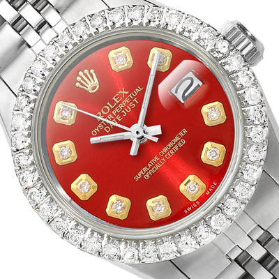 Rolex Datejust 26mm 69174 Custom Jubilee Band Diamond Bezel Red Ruby Dial Watch