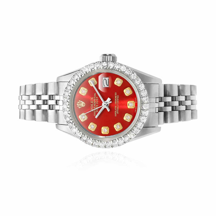 Rolex Datejust 26mm 69174 Custom Jubilee Band Diamond Bezel Red Ruby Dial Watch - WJD Exclusives