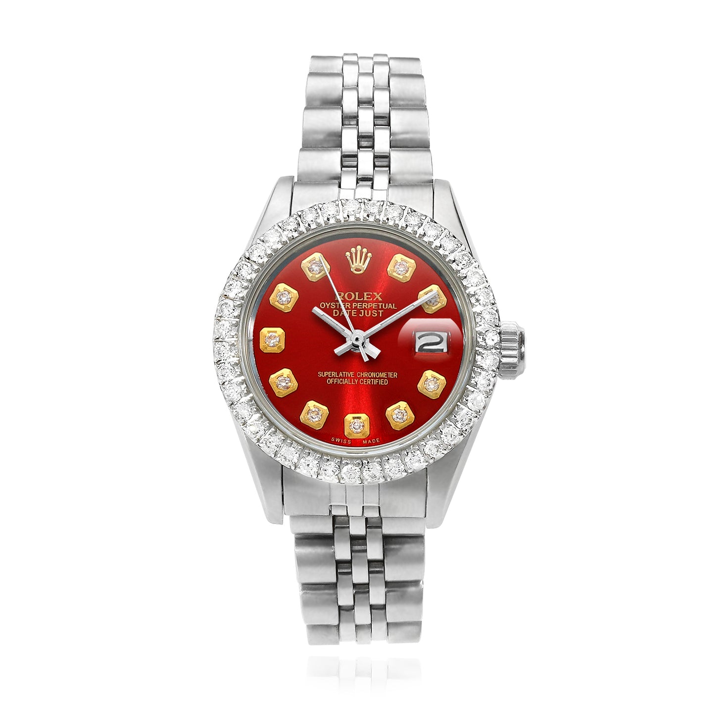 Rolex Datejust 26mm 69174 Custom Jubilee Band Diamond Bezel Red Ruby Dial Watch