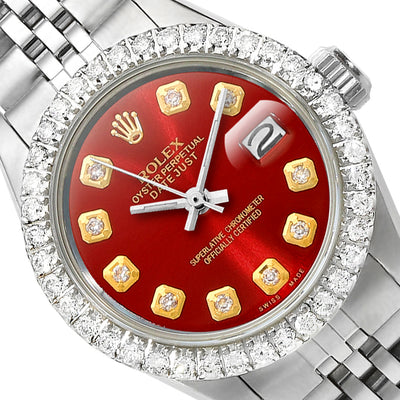 Rolex Datejust 26mm 69174 Custom Jubilee Band Diamond Bezel Red Ruby Dial Watch