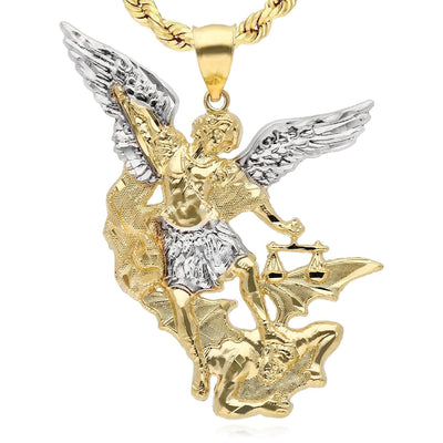 10K Gold Two - Tone White Saint Archangel Michael Pendant 0.9" - 2.1" - WJD Exclusives