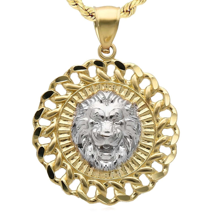 10K Gold Two - Tone Yellow White Textured Lion Head Pendant 1.2" - WJD Exclusives