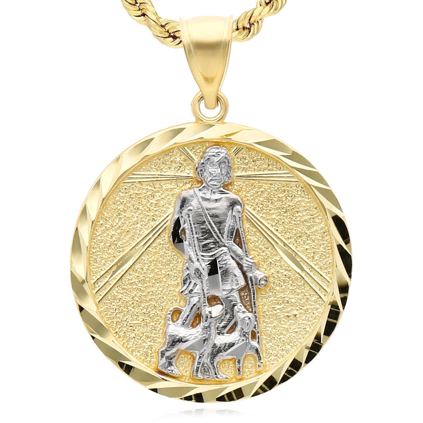 10K Gold Two-Tone Yellow White Textured Saint Lazarus Pendant 1.4"