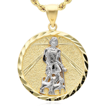 10K Gold Two-Tone Yellow White Textured Saint Lazarus Pendant 1.4"