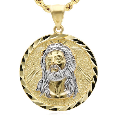 10K Gold Two - Tone Yellow White Textured Jesus Pendant 1.4" - WJD Exclusives