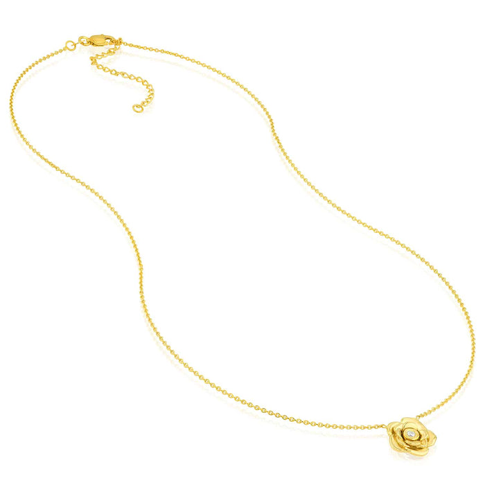 0.03CT Natural Diamond 14K Yellow Gold 3D Rose Flower Necklace (Solid Links) 16" - 18" Adjustable - WJD Exclusives