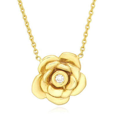 0.03CT Natural Diamond 14K Yellow Gold 3D Rose Flower Necklace (Solid Links) 16" - 18" Adjustable - WJD Exclusives