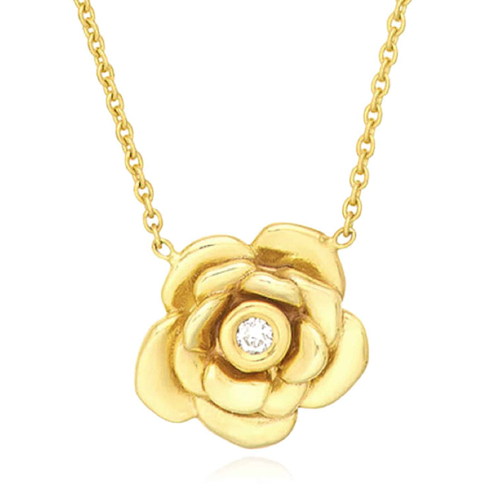 0.03CT Natural Diamond 14K Yellow Gold 3D Rose Flower Necklace (Solid Links) 16" - 18" Adjustable - WJD Exclusives