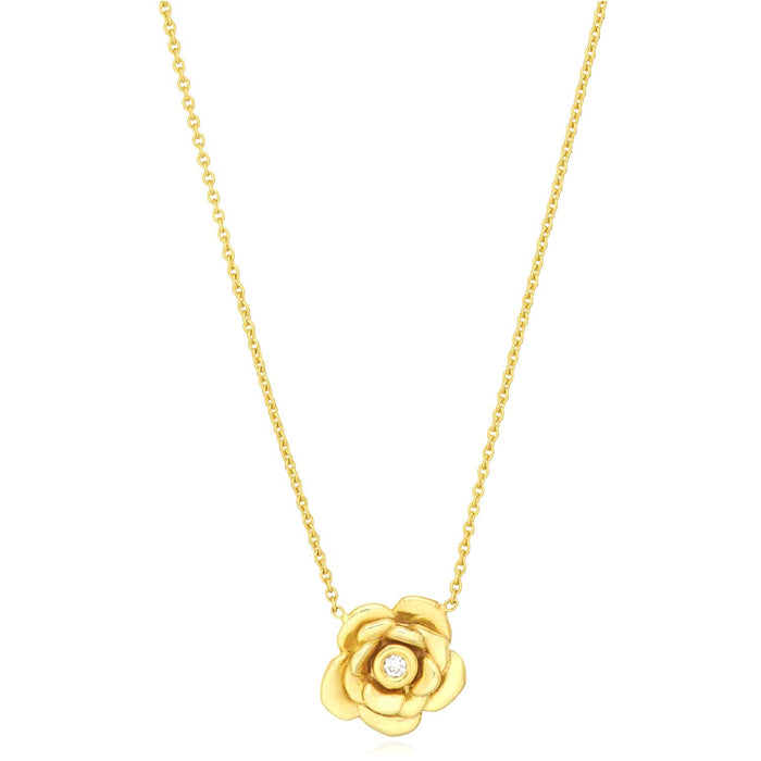 0.03CT Natural Diamond 14K Yellow Gold 3D Rose Flower Necklace (Solid Links) 16" - 18" Adjustable - WJD Exclusives