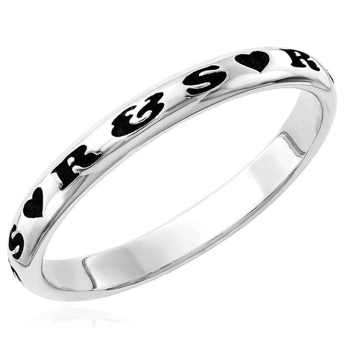 Personalized 925 Sterling Silver Black Text & Hearts Stackable Custom Name Ring - WJD Exclusives