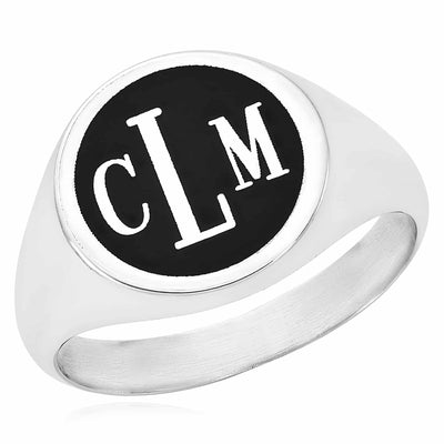 Personalized 14K White Gold Rose Monogram Black Custom Signet Name Ring - WJD Exclusives