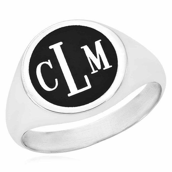 Personalized 14K White Gold Rose Monogram Black Custom Signet Name Ring - WJD Exclusives