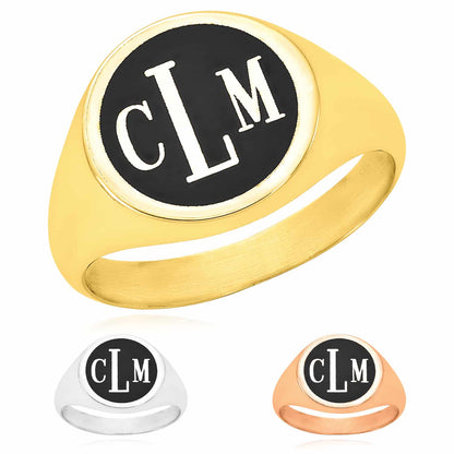Personalized 14K Real Gold White Rose Monogram Black Custom Signet Name Ring