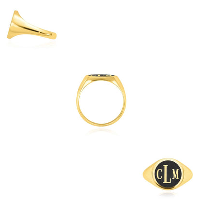 Personalized 14K Real Gold White Rose Monogram Black Custom Signet Name Ring
