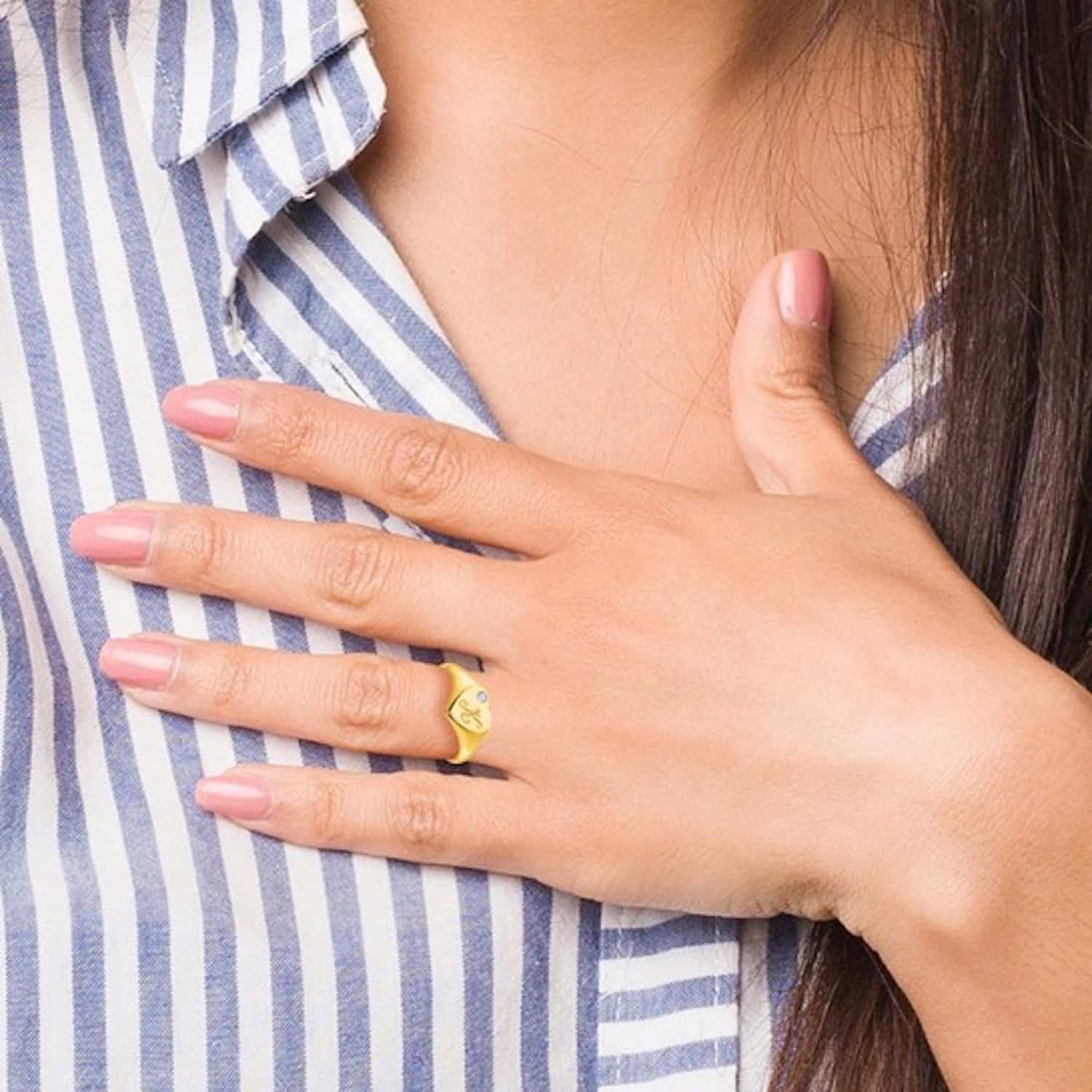 Personalized Real Diamond 14K Real Gold White Heart Custom Initial Signet Ring