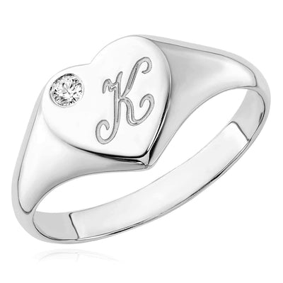 Personalized Natural Diamond 14K White Gold Heart Custom Initial Signet Ring - WJD Exclusives