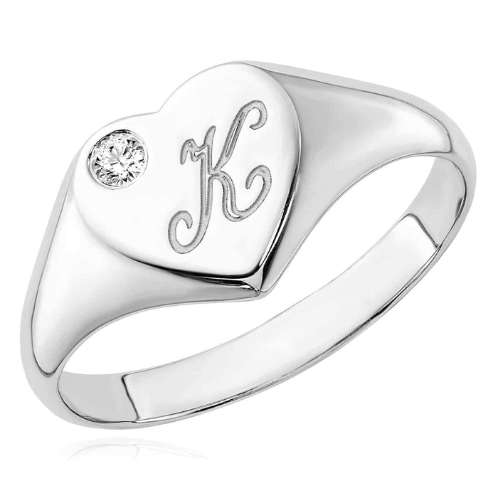 Personalized Natural Diamond 14K White Gold Heart Custom Initial Signet Ring - WJD Exclusives
