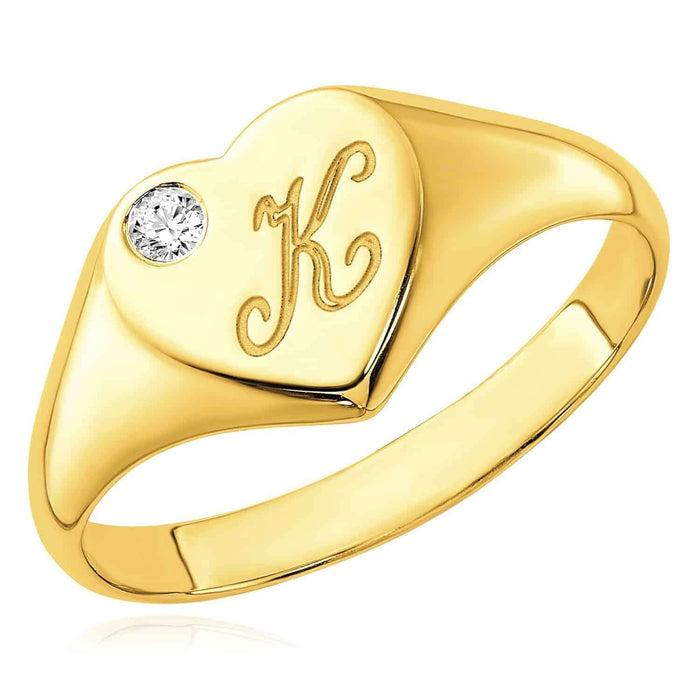 Personalized Natural Diamond 14K White Gold Heart Custom Initial Signet Ring - WJD Exclusives