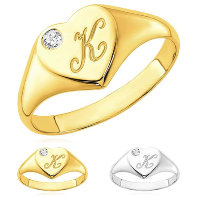 Personalized Natural Diamond 14K White Gold Heart Custom Initial Signet Ring - WJD Exclusives