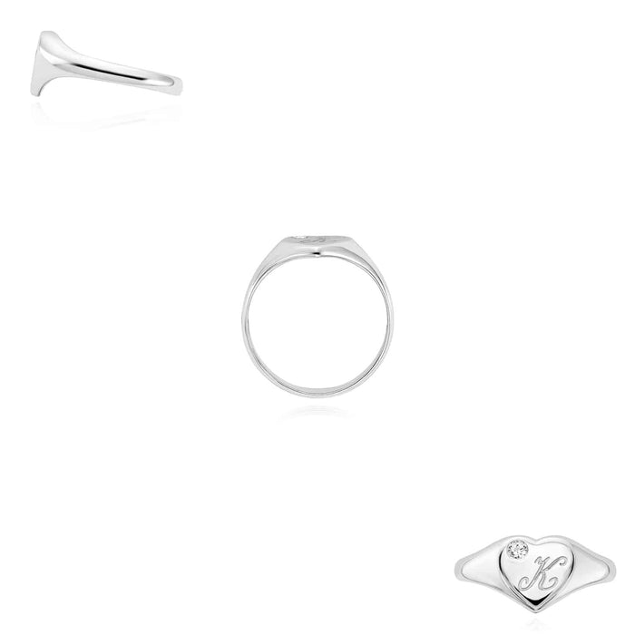Personalized Natural Diamond 14K White Gold Heart Custom Initial Signet Ring - WJD Exclusives