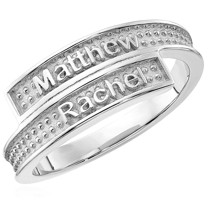 Personalized 14K White Gold Rose Custom Textured Band Name Ring - WJD Exclusives