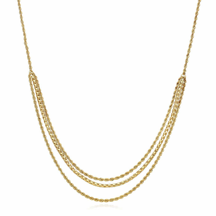10K Yellow Gold 1.8mm Rope and Popcorn Triple - Strand Necklace Chain (Hollow) 17" - WJD Exclusives