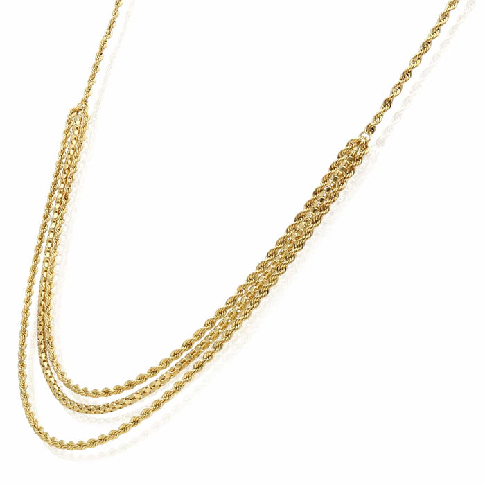 10K Yellow Gold 1.8mm Rope and Popcorn Triple - Strand Necklace Chain (Hollow) 17" - WJD Exclusives