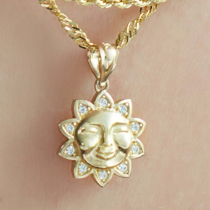 10K Gold 0.05CTW CZ Smiling Sun Face Pendant 0.7" - WJD Exclusives