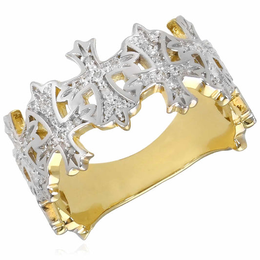 0.35CTW Real Diamond 10K Real Gold Two-Tone White Fleur-De-Lis Cross Band Ring