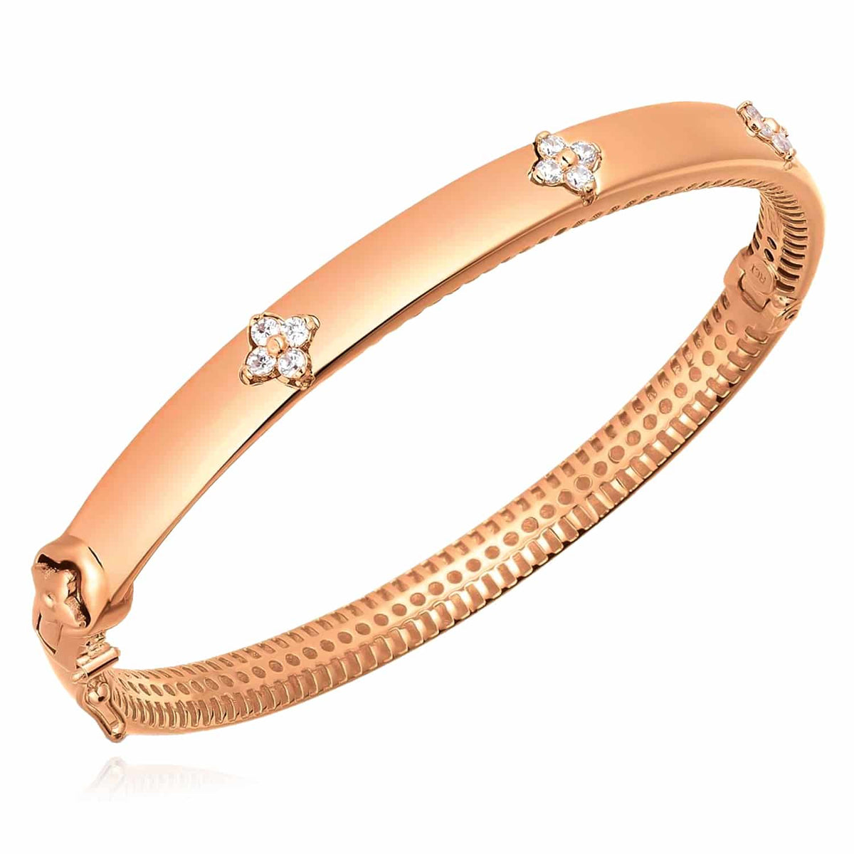0.30CTW Natural Diamond 14K White Rose Gold Clover Trilogy Bangle Bracelet (Solid Links) 7" - WJD Exclusives