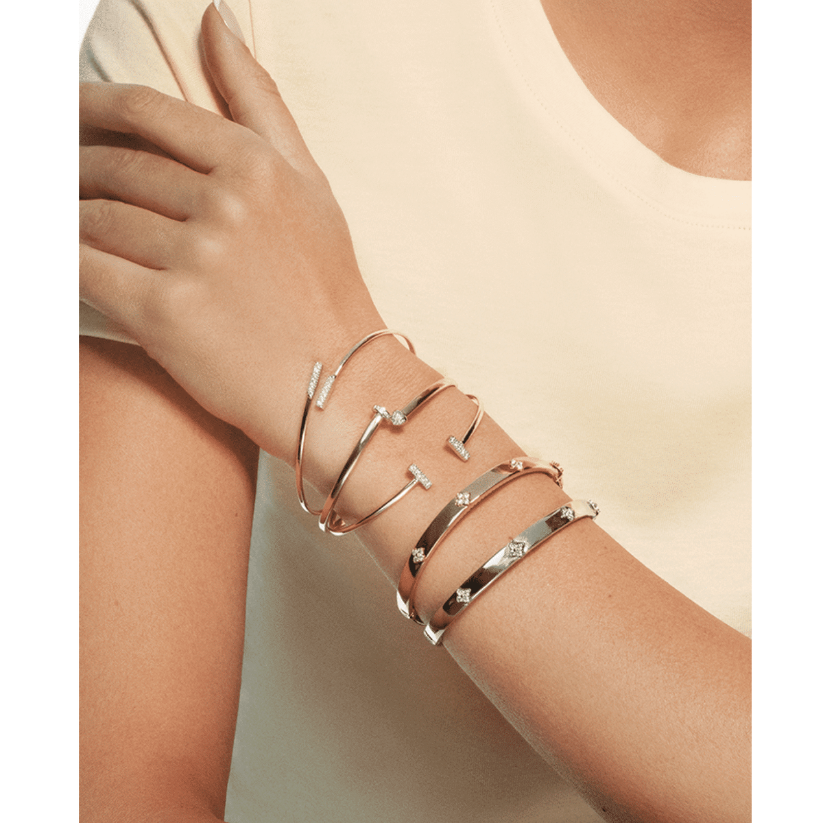 0.30CTW Natural Diamond 14K White Rose Gold Clover Trilogy Bangle Bracelet (Solid Links) 7" - WJD Exclusives