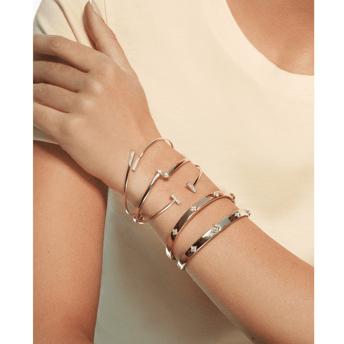 0.30CTW Natural Diamond 14K White Rose Gold Clover Trilogy Bangle Bracelet (Solid Links) 7" - WJD Exclusives