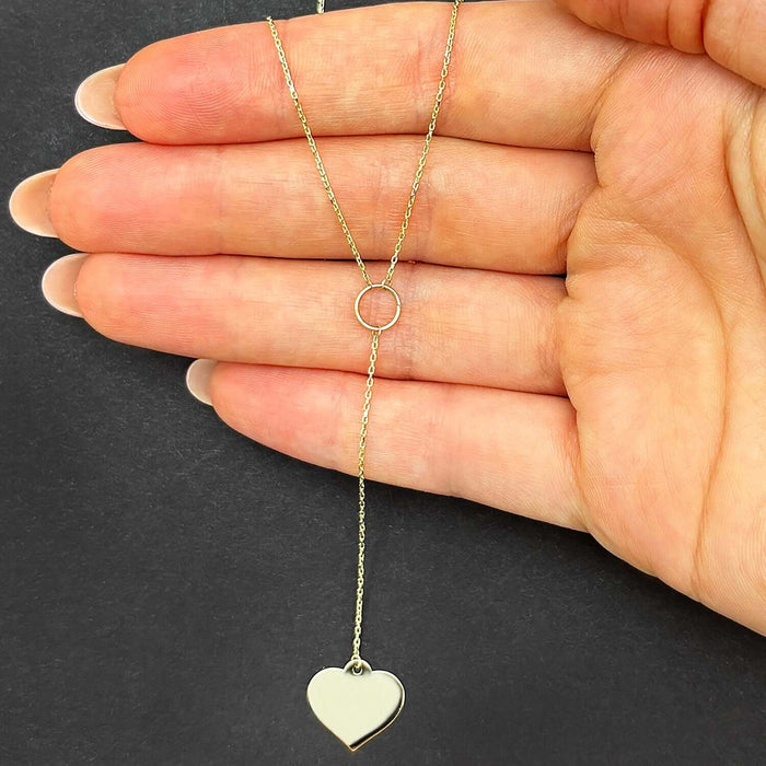 10K Gold Heart Lariat Necklace (Solid Links) 16" - 18" Adjustable - WJD Exclusives