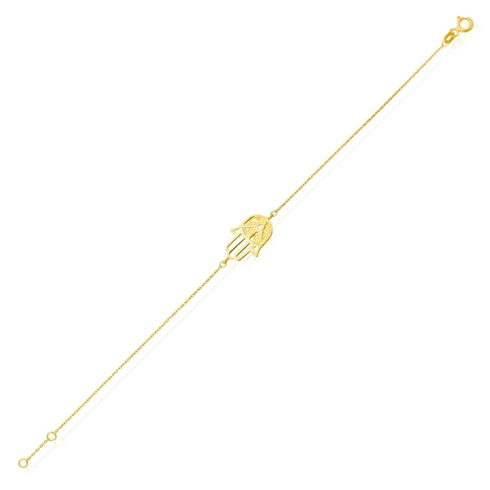 14K Gold Diamond - Cut Hamsa Hand Bracelet (Solid Links) 6.75" - 7" Adjustable - WJD Exclusives