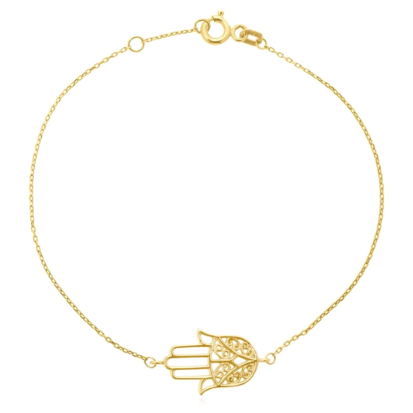 14K Real Gold Diamond-Cut Hamsa Hand Bracelet 6.75"-7" Adjustable