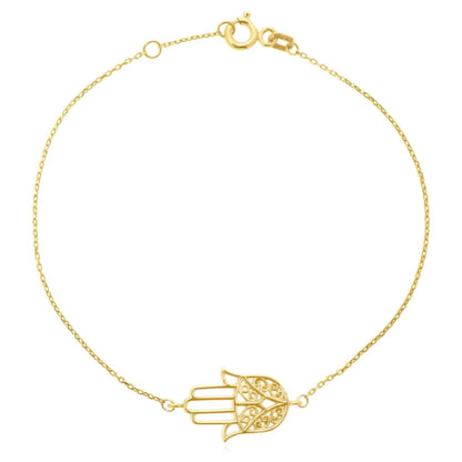 14K Real Gold Diamond-Cut Hamsa Hand Bracelet 6.75"-7" Adjustable